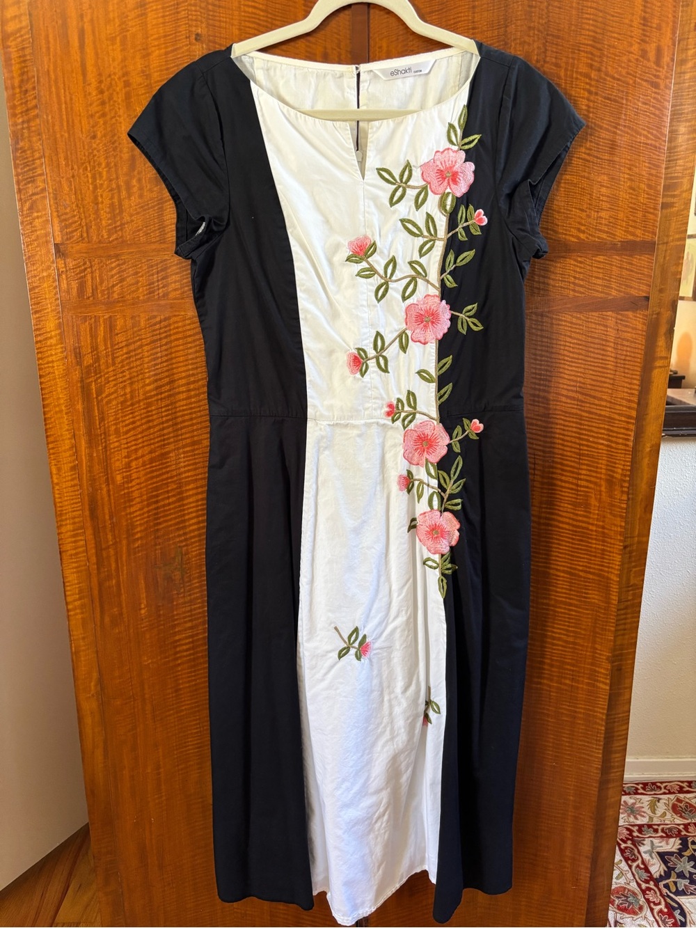 eshakti Black & White Cotton Midi Dress with Pink Floral Embroidery